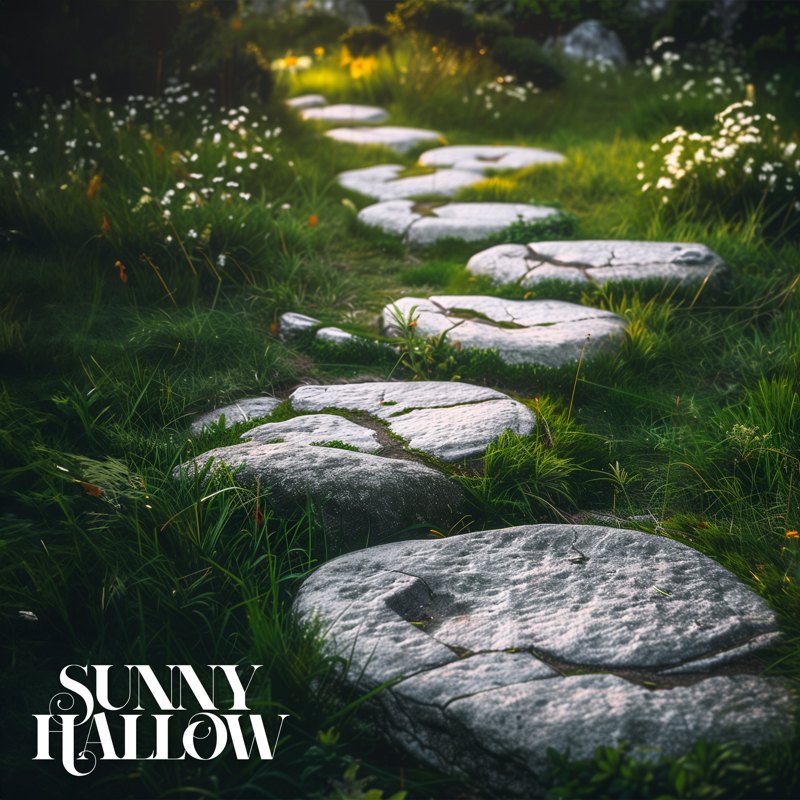 Steppin' Stones single artwork: a path of weathered stepping stones through long grass and white wildflowers, with the Sunny Hallow wordmark
