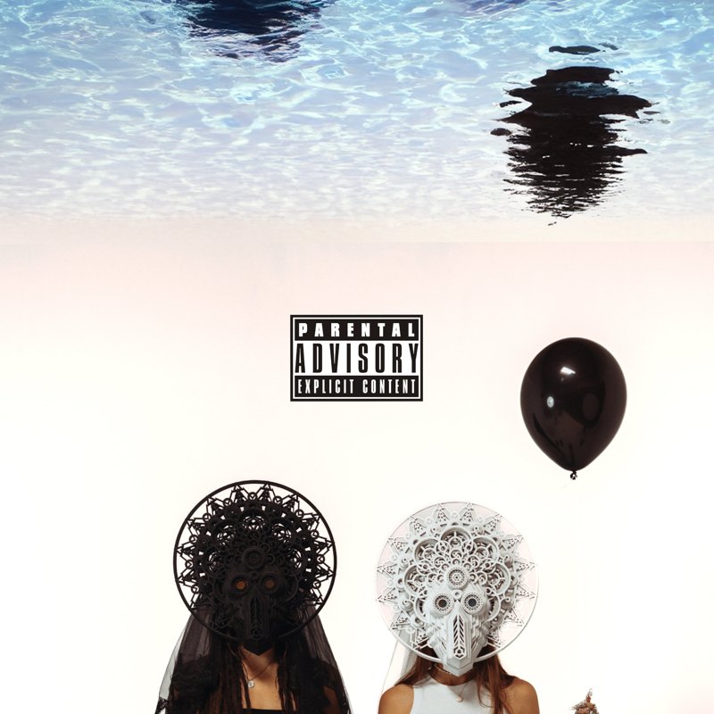 Side By Side single artwork: two figures in ornate black and white mandala masks beneath an upside-down sea, with a black balloon floating beside them